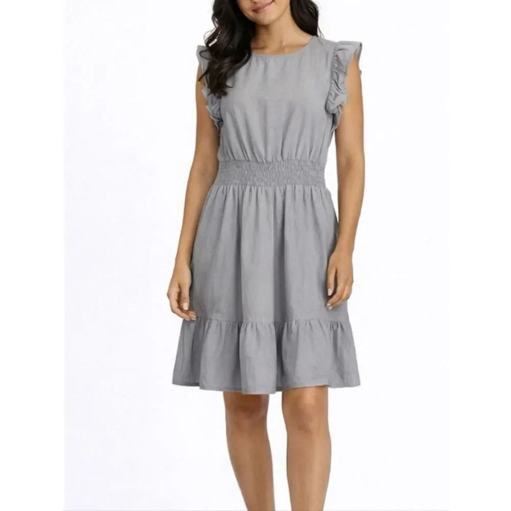 Nicole Miller 100% linen purplish grey ruffle sleeve smocked waist dress small